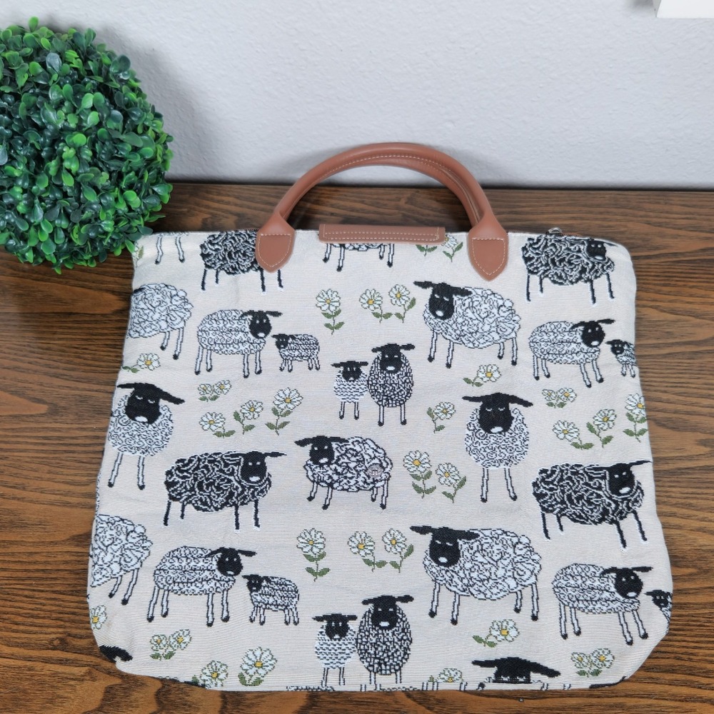 Signare Tapestry Shoulder Bag Tote Handbag Sheep Floral Daisy Beige Brown Cute